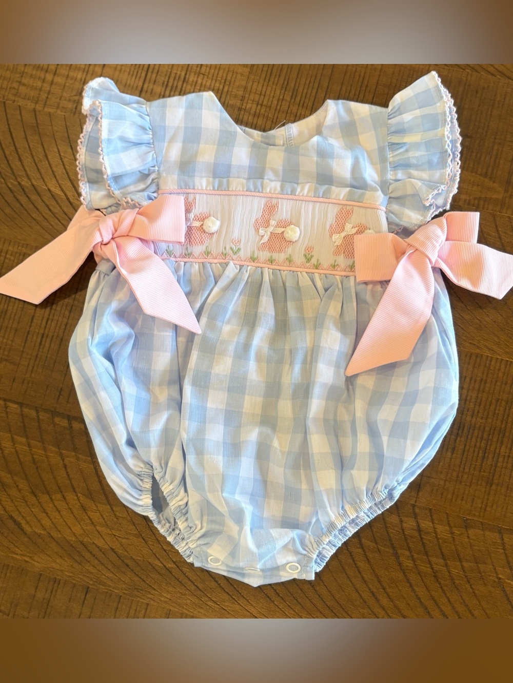 Blue Gingham Bubble Romper with Pink Bows and Smocked Pink Bunnies Easter